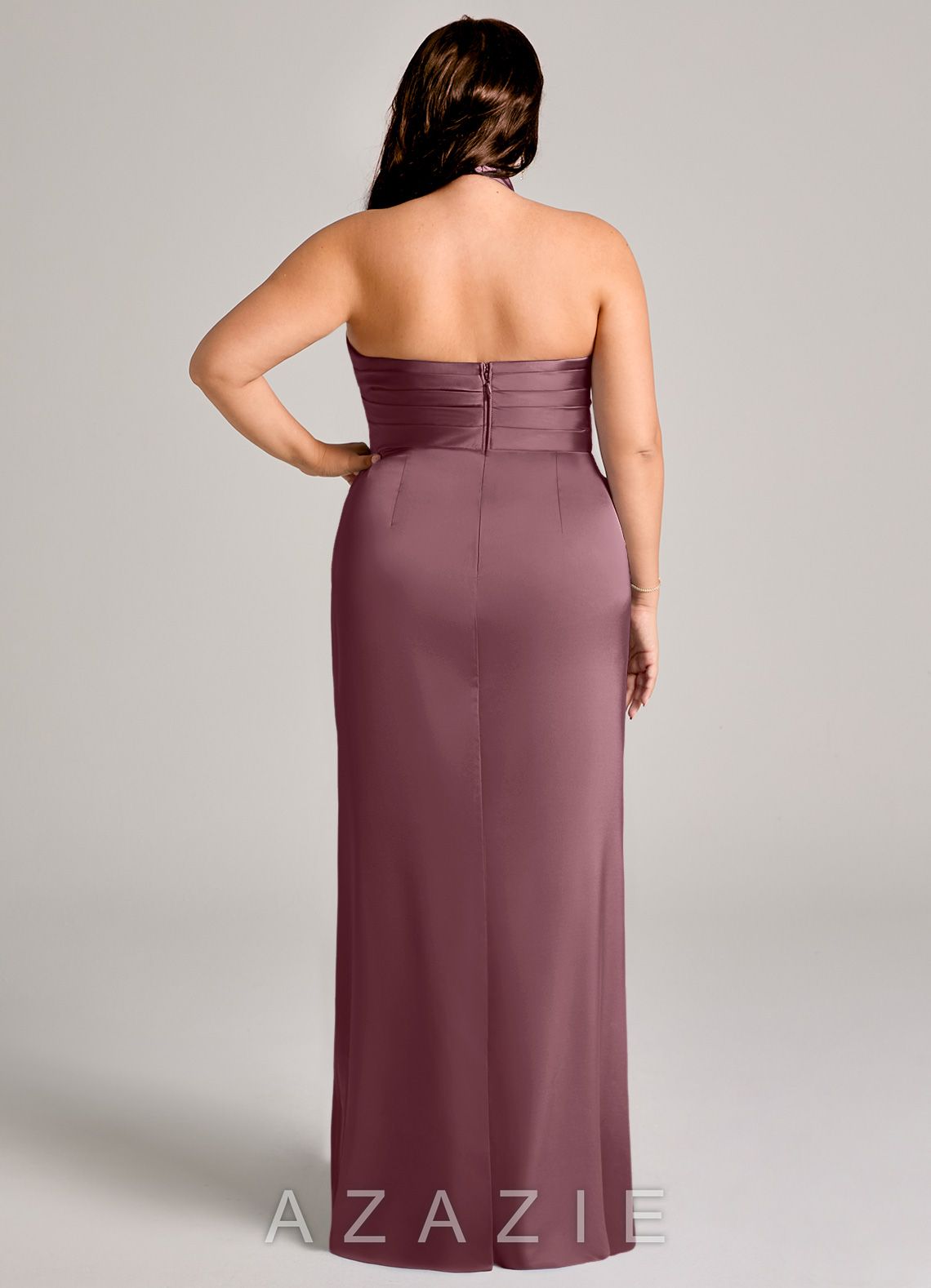 Azazie Jemma Amethyst Sheath Pleated Stretch Satin Dress amethyst