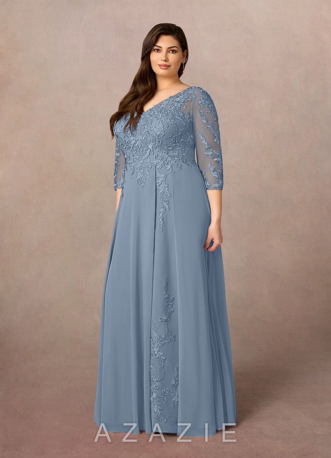 Azazie Noella Dusty Blue A-Line V-Neck Lace Chiffon Dress dusty_blue