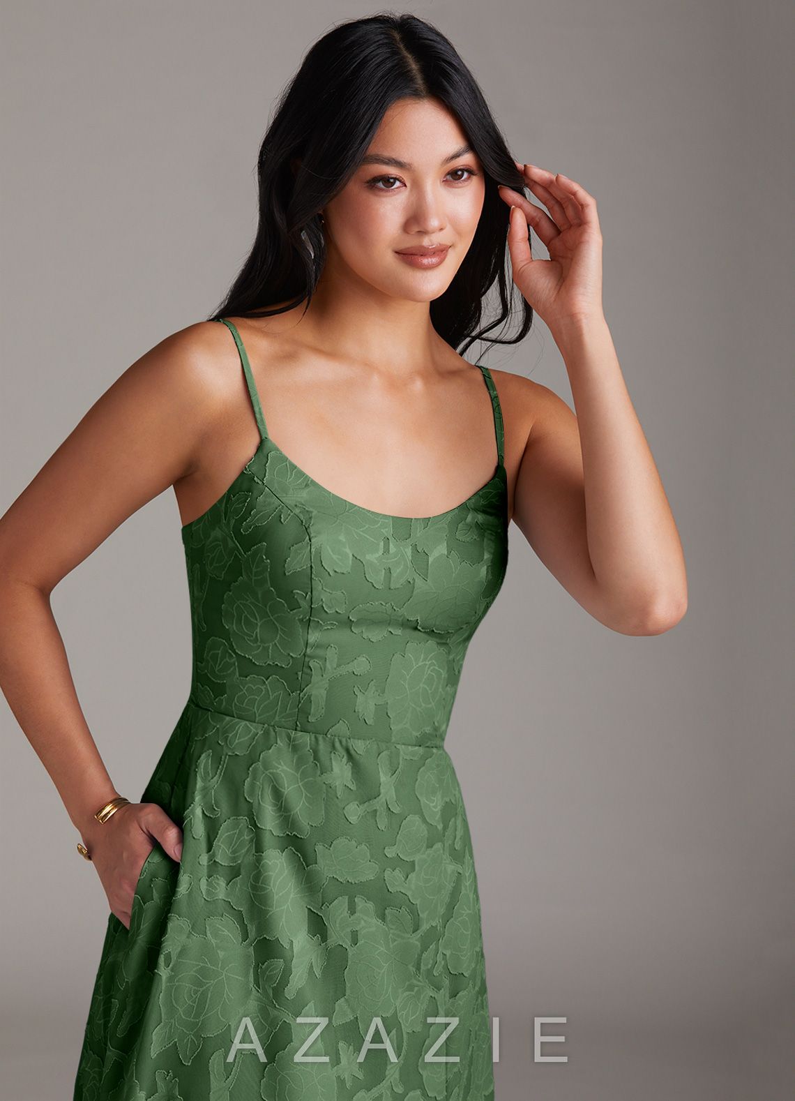 Azazie Moira Eucalyptus A-Line Side Slit Floral Burnout Dress eucalyptus