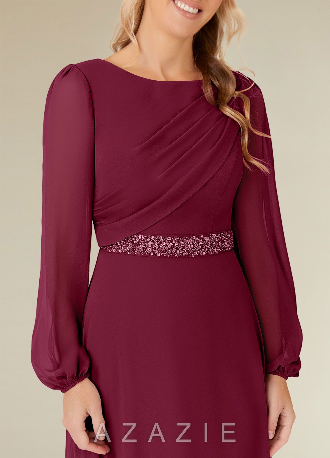 Azazie Priyanka Mulberry A-Line Boatneck Pleated Chiffon Dress mulberry