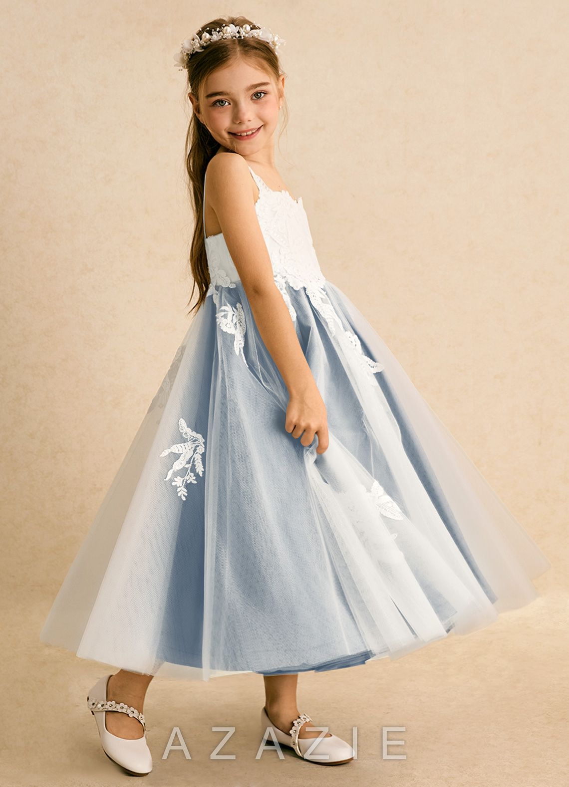 Azazie Coraline Ivory Dusty Blue A-Line Lace Dress ivory/dusty_blue
