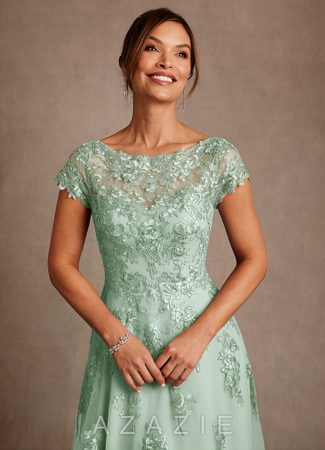Azazie Jalinda Agave A-Line Lace Chiffon Dress agave