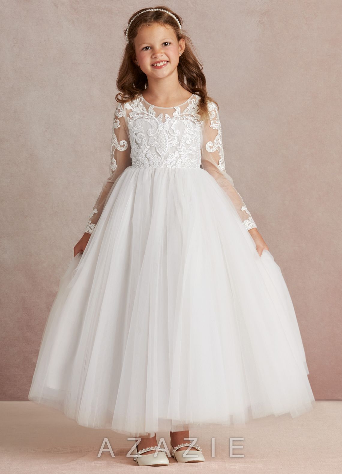 Azazie Elodie Ivory Ball-Gown Lace Dress ivory