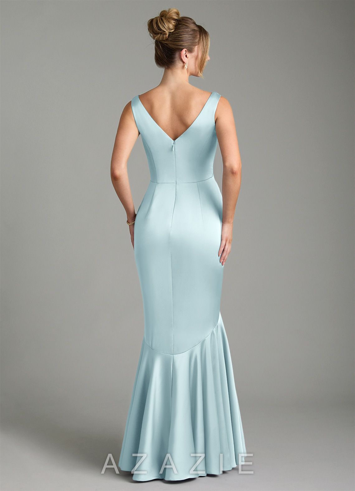 Azazie Alena Cloud Blue Mermaid Pleated Stretch Satin Dress cloud_blue