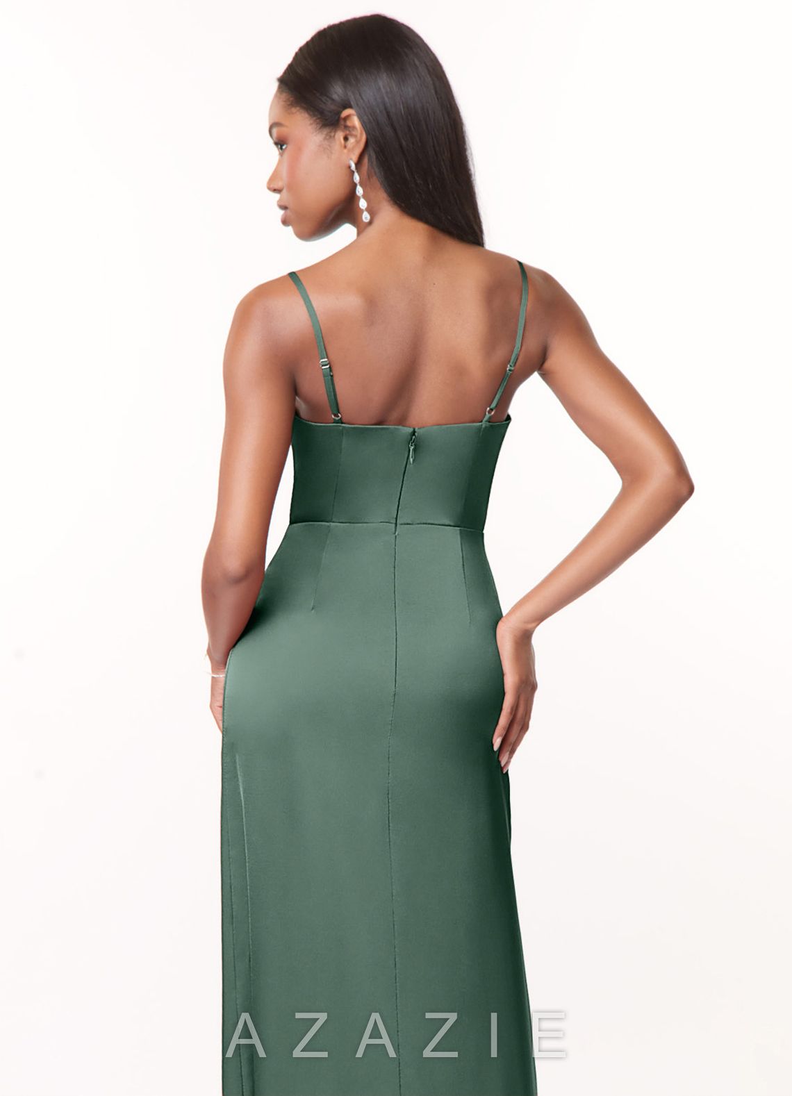 Azazie Maci Eucalyptus A-Line V-Neck Pleated Stretch Satin Dress eucalyptus