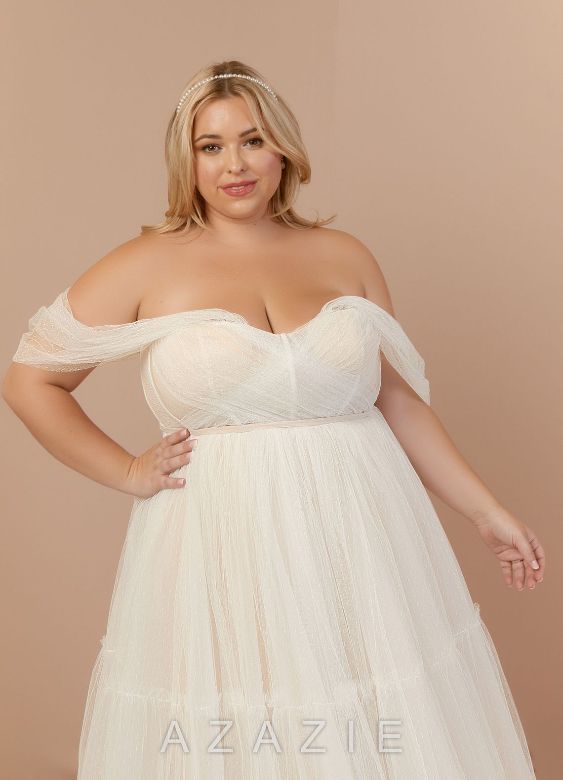 Azazie Vienna Wedding Dress Diamond White Champagne A-Line Off-The-Shouler Tulle Dress diamond_white/champagne