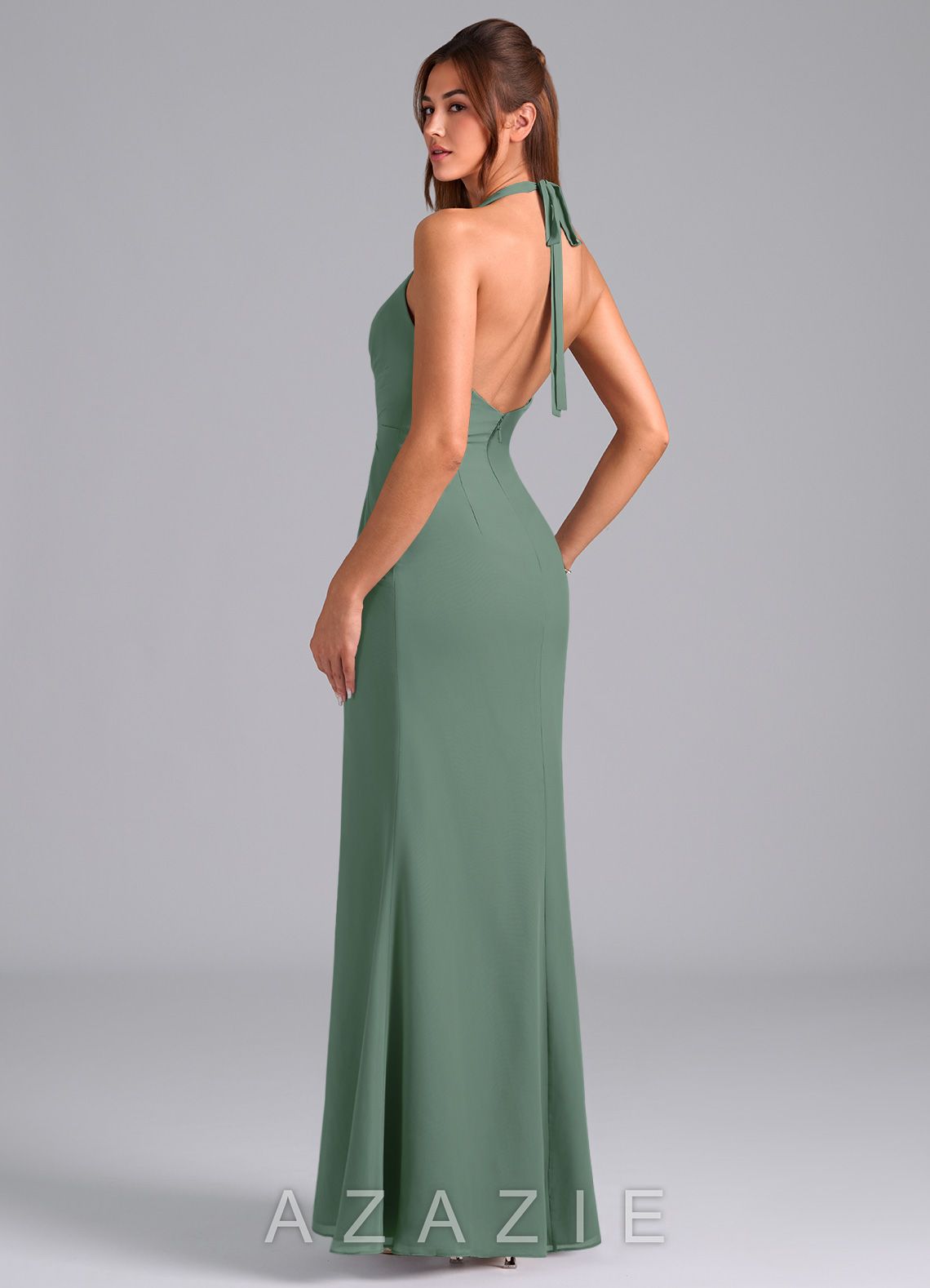 Azazie Valerie Eucalyptus Mermaid Pleated Chiffon Dress eucalyptus