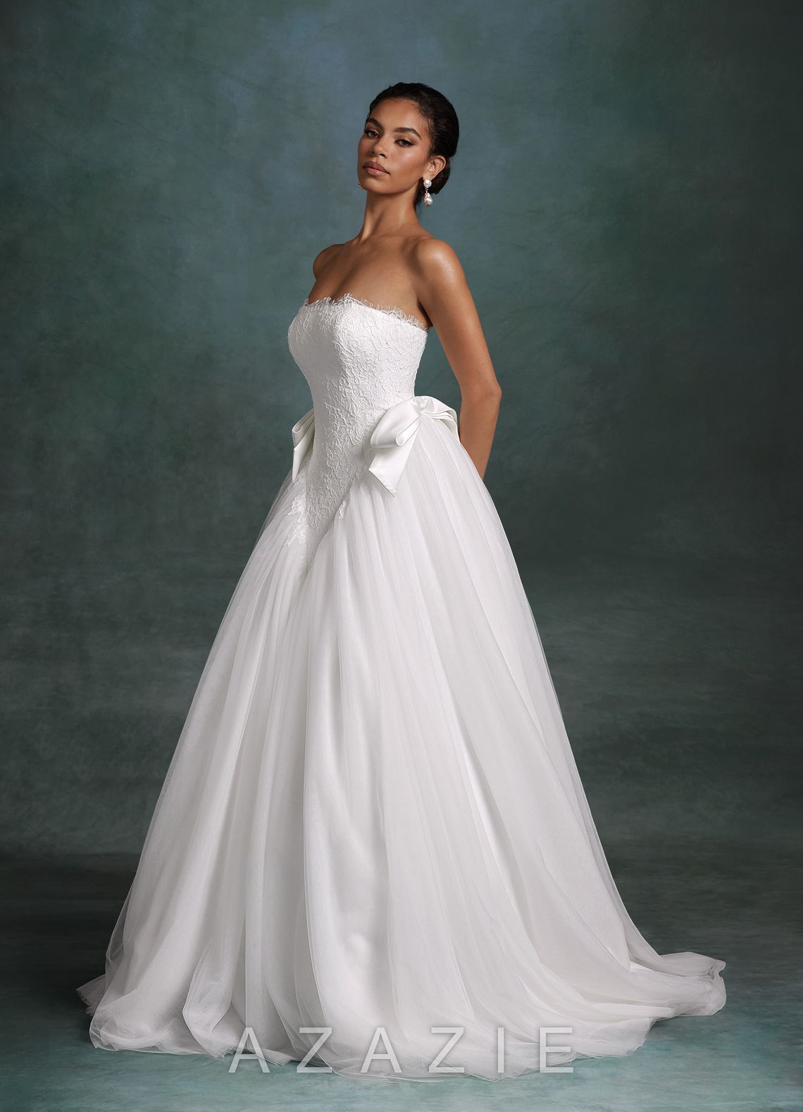Azazie Raya Diamond White Ball-Gown Strapless Tulle Dress diamond_white