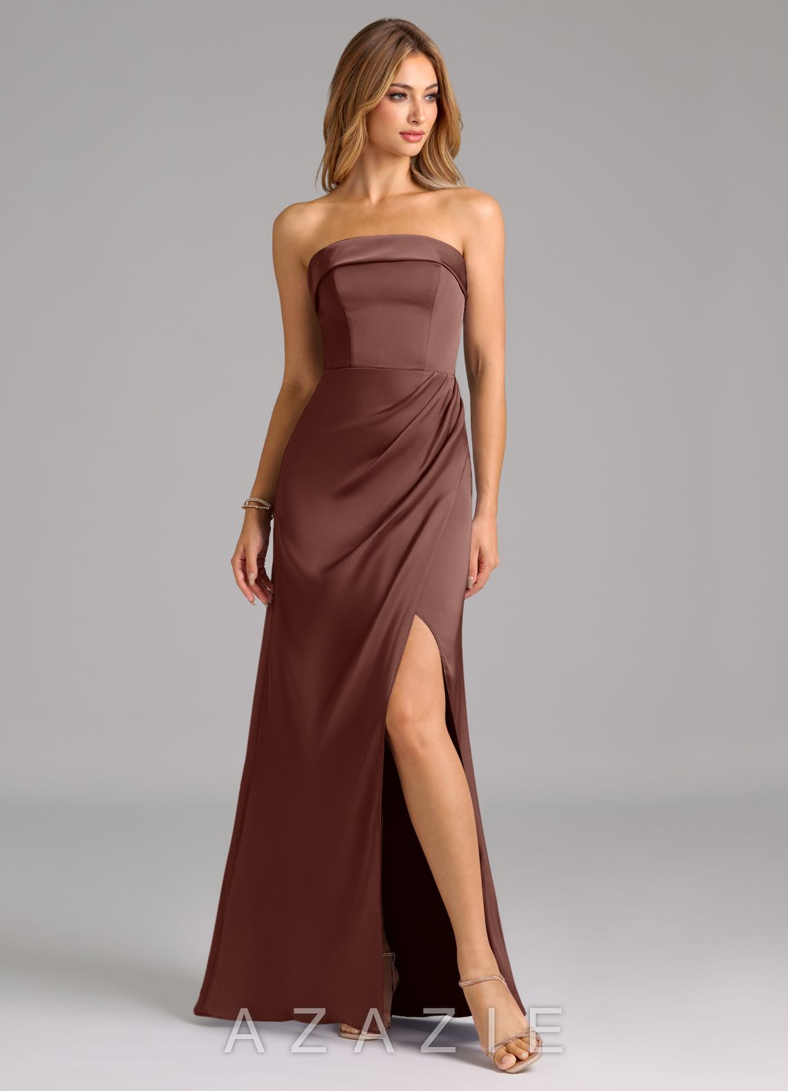 Azazie Aretha Espresso A-Line Strapless Stretch Satin Convertible Dress espresso
