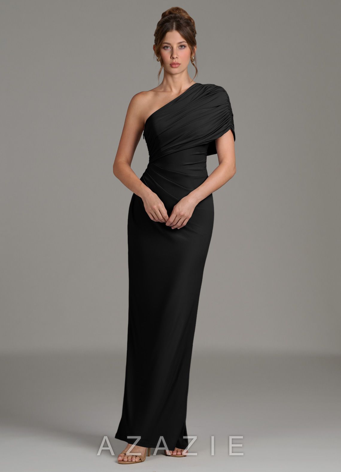 Azazie Essence Black Sheath One Shoulder Premium Stretch Jersey Dress black