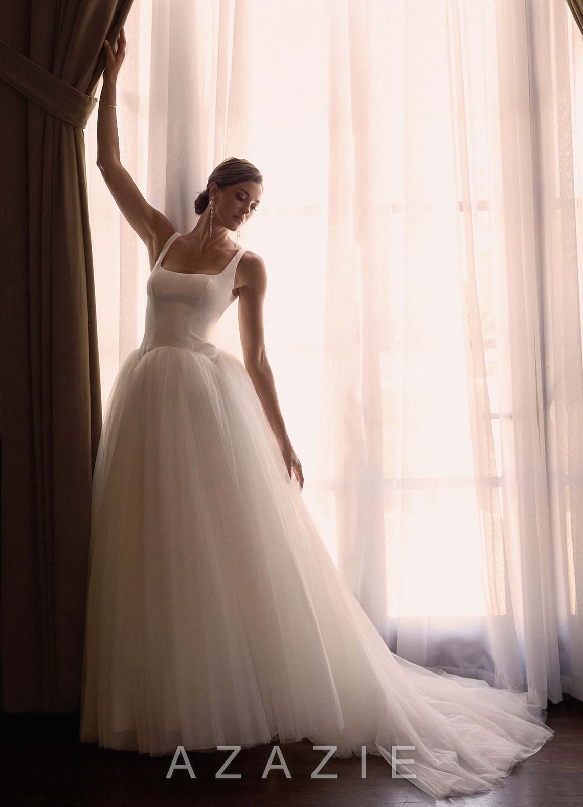 Azazie Samirah Diamond White A-Line Detachable Train Double Faced Satin Dress