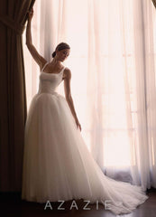 Azazie Samirah Diamond White A-Line Detachable Train Double Faced Satin Dress
