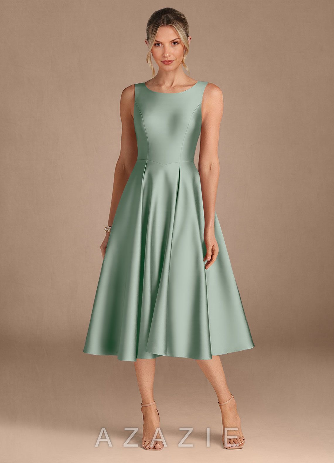 Azazie Fulton Agave A-Line Pleated Stretch Satin Dress agave