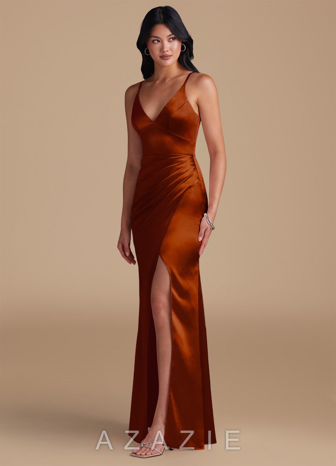 Azazie Shania Auburn Sheath Pleated Metallic Satin Dress auburn