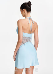 Dorotheiana Sky Blue Lace Satin Open Back A-line Mini Dress