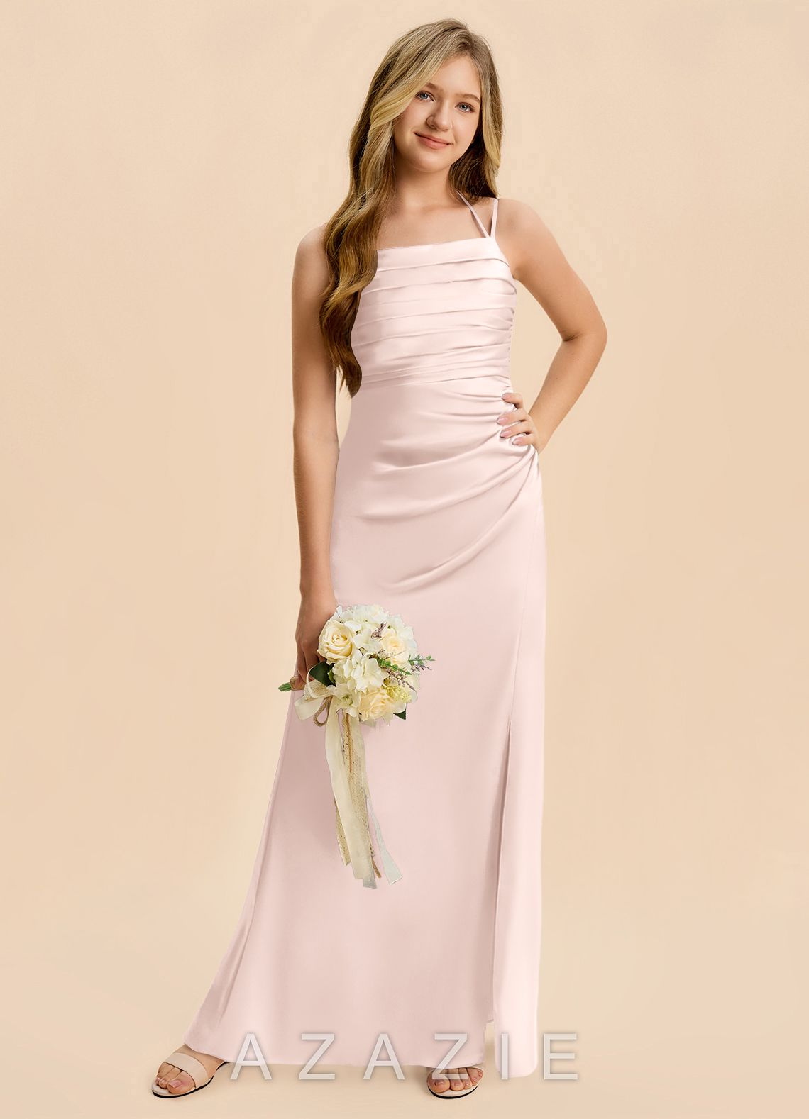 Azazie Nova Junior Blushing Pink Sheath Pleated Stretch Satin Dress blushing_pink
