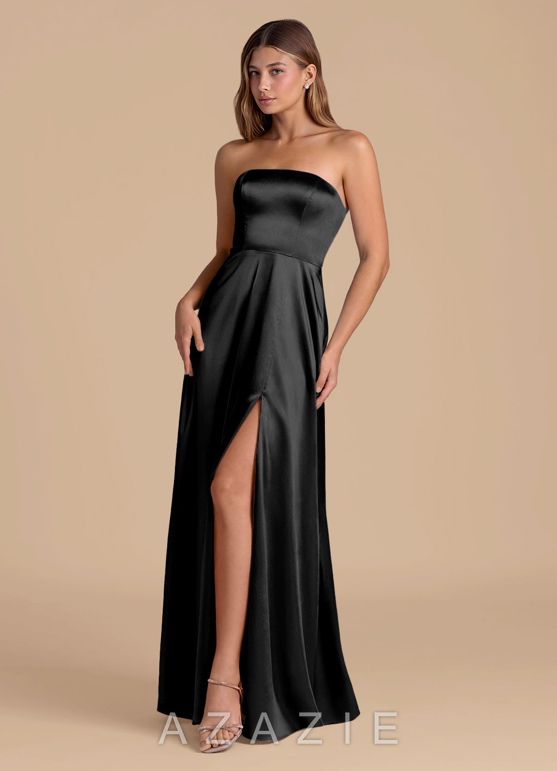 Azazie Wren Black A-Line Strapless Metallic Satin Dress black