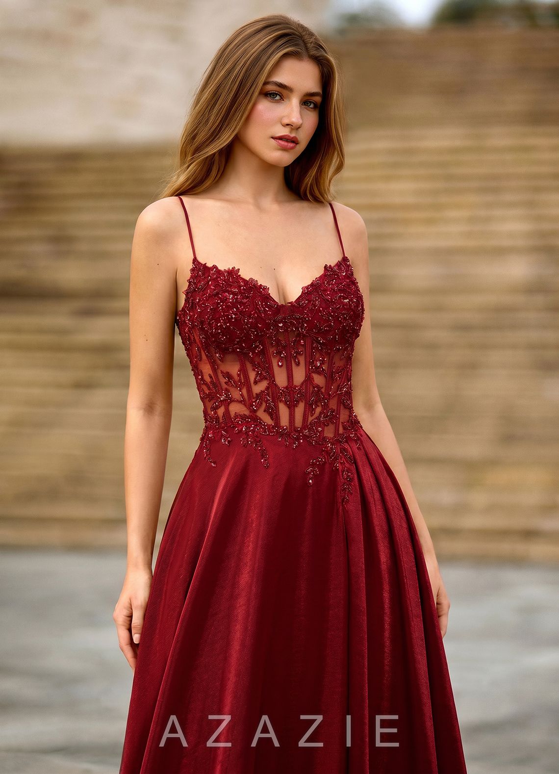Cemtine Burgundy Lace Sequin Embroidery Satin Wedding Guest