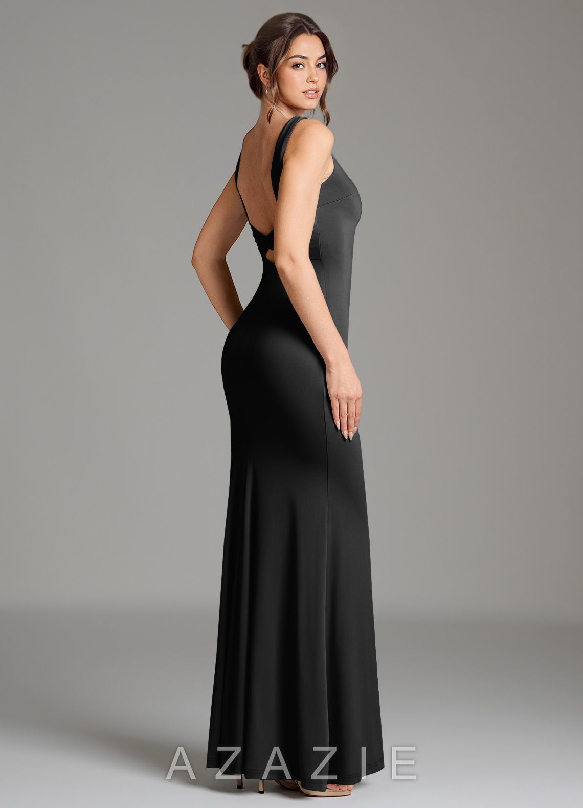 Azazie Gwen Black Mermaid Pleated Premium Stretch Jersey Dress black