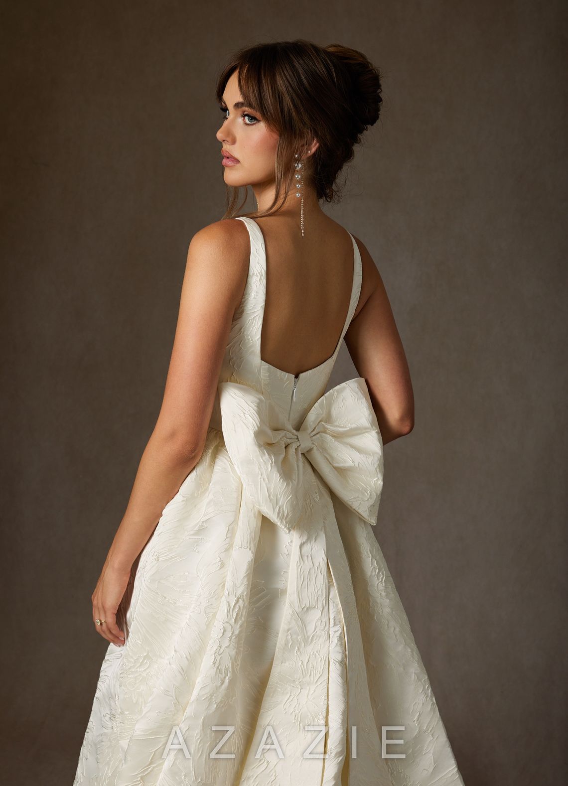 Azazie Skylin Antique White Ball-Gown with Pockets Floral Jacquard Dress antique_white