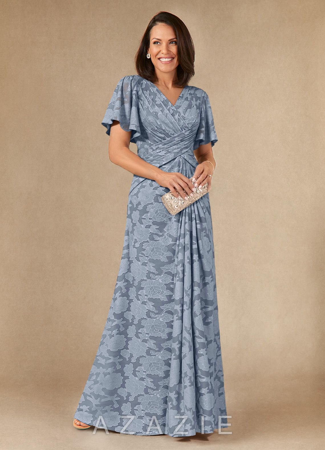 Azazie Emmeline Dusty Blue A-Line Pleated Floral Burnout Dress