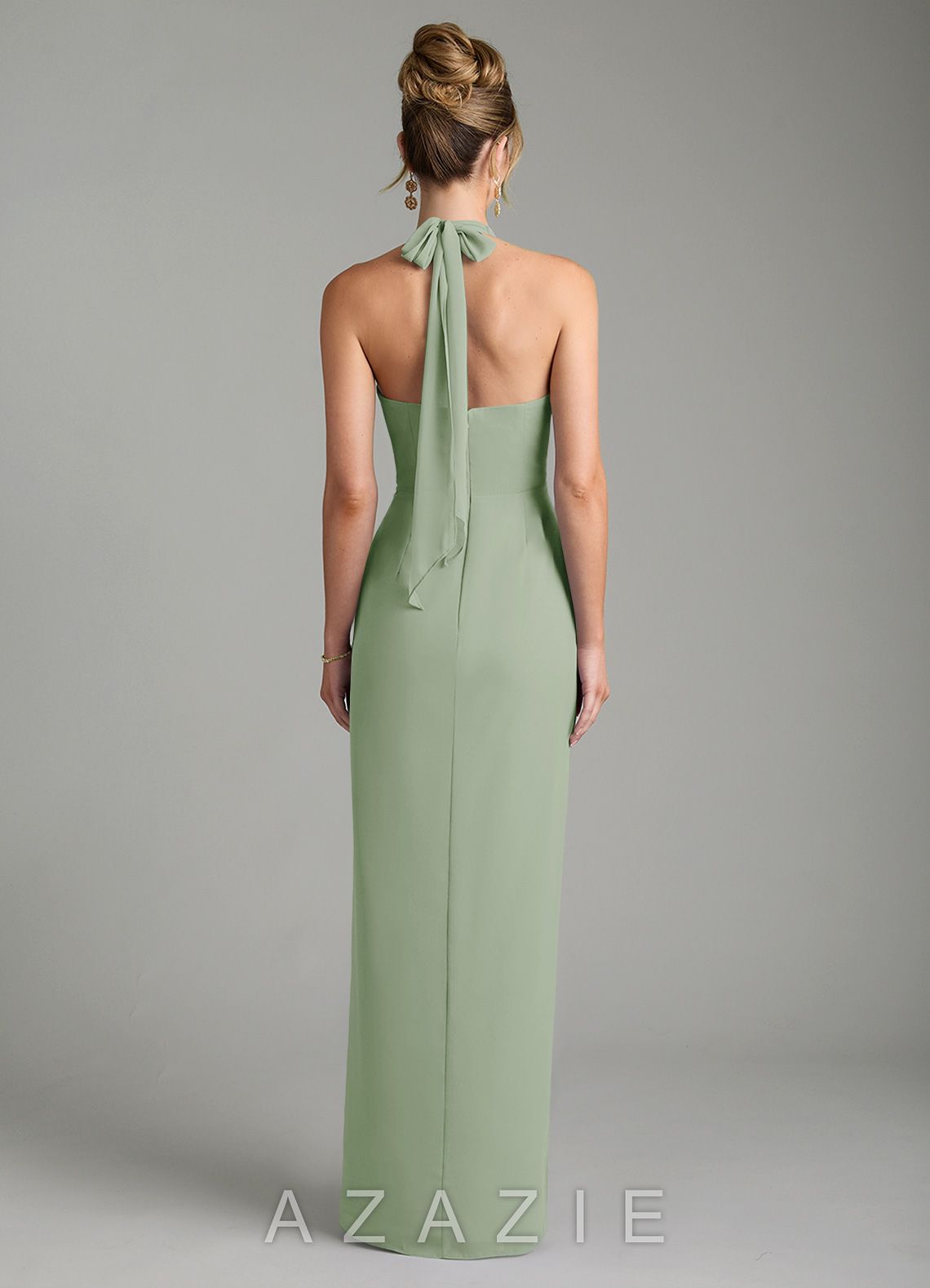 Azazie Arnelle Dusty Sage Sheath Pleated Chiffon Dress dusty_sage