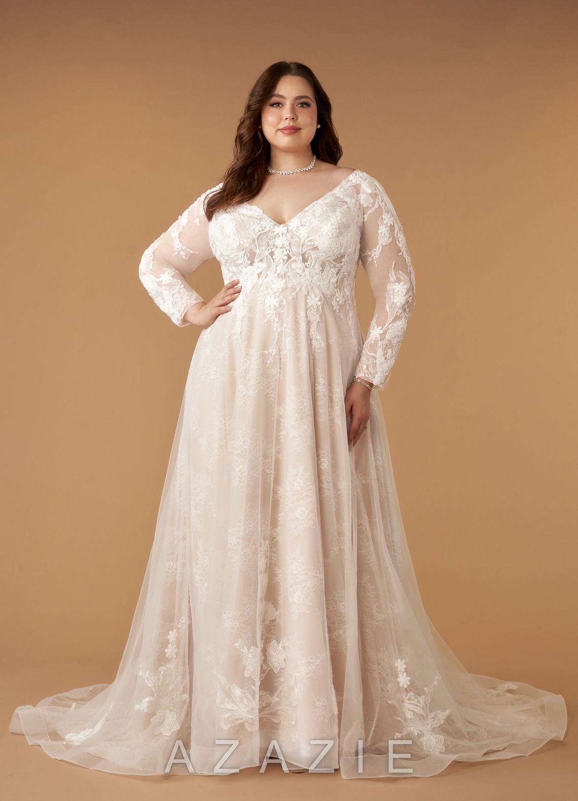 Azazie Leila Wedding Dress Diamond White Nude A-Line V-Neck Sequins Tulle Dress diamond_white/nude