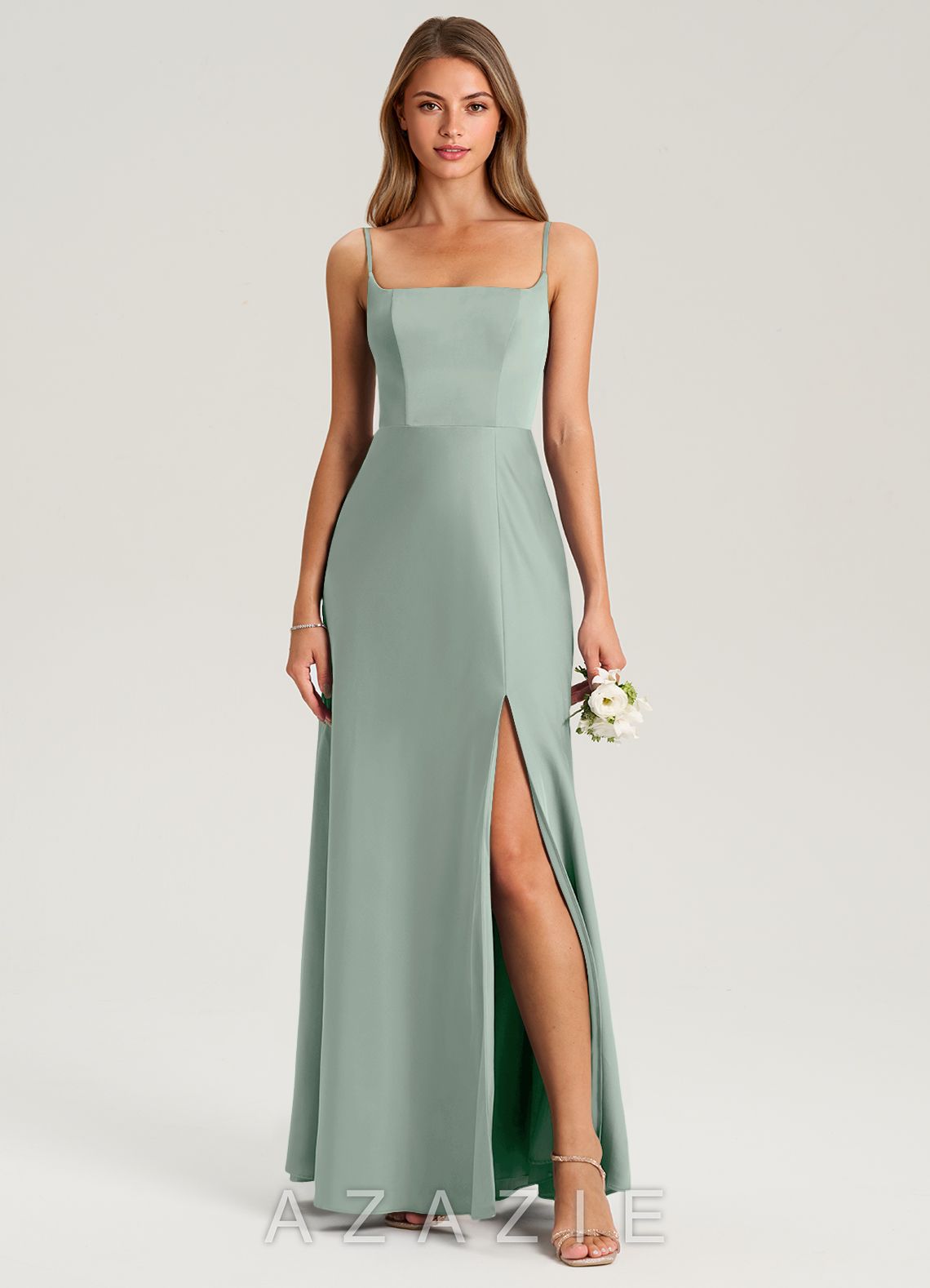 Azazie Lidia Agave Mermaid Side Slit Stretch Satin Dress agave
