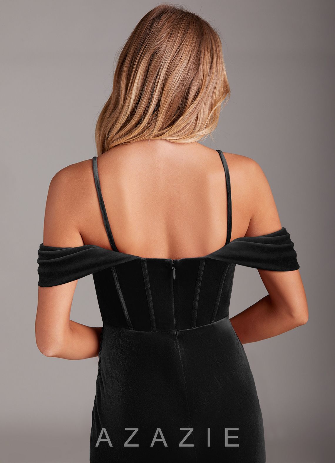 Azazie Jas Black Sheath Off-The-Shoulder Corset Velvet Convertible Dress black