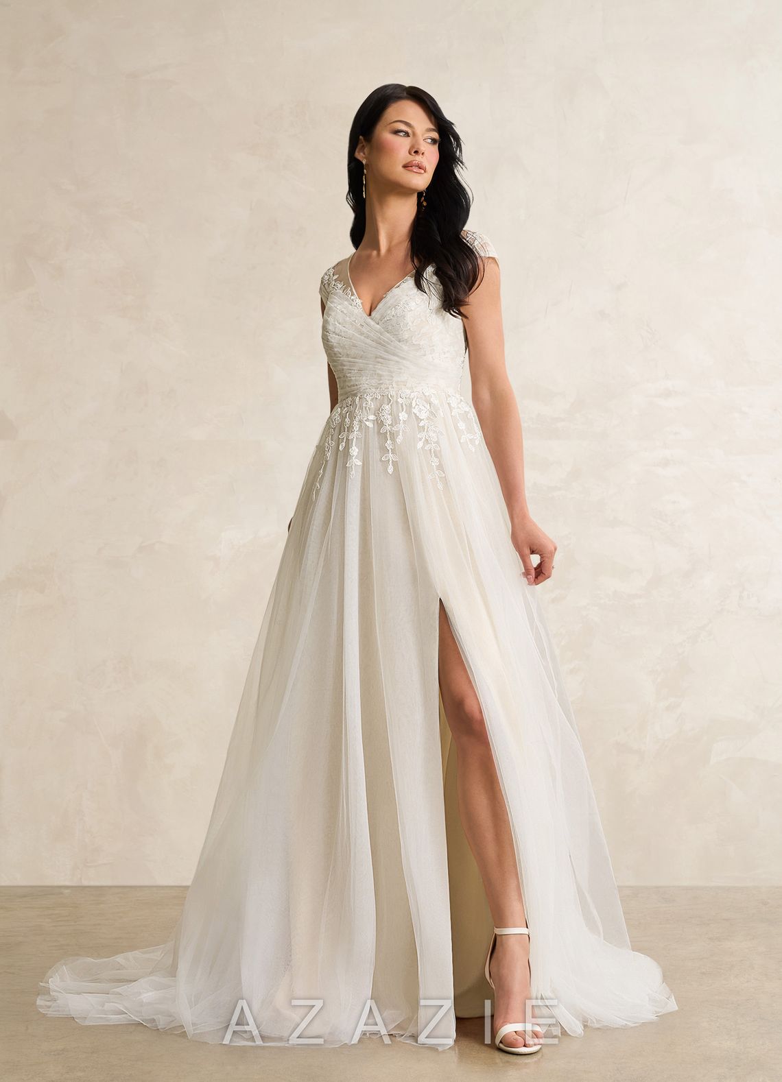 Azazie Bellisima Wedding Dress Diamond White Champagne A-Line V-Neck Tulle Dress diamond_white/champagne