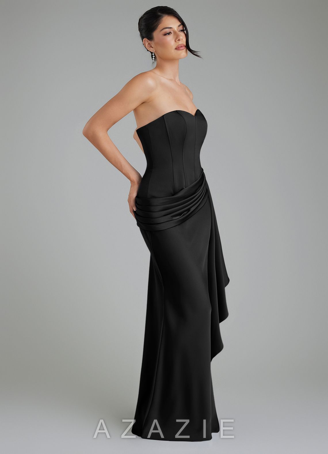 Azazie Draya Black Mermaid Strapless Stretch Satin Dress black