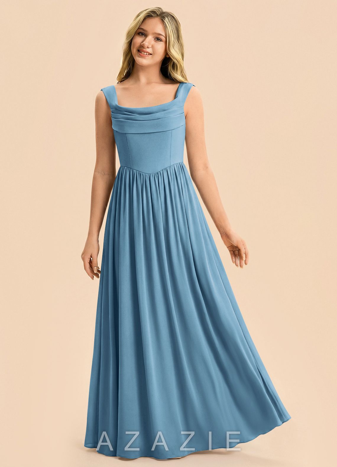 Azazie Novi Junior Steel Blue A-Line Pleated Stretch Satin Dress steel_blue