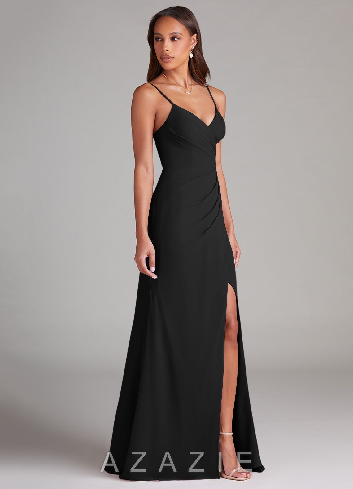 Azazie Maci Black Sheath Pleated Chiffon Dress black