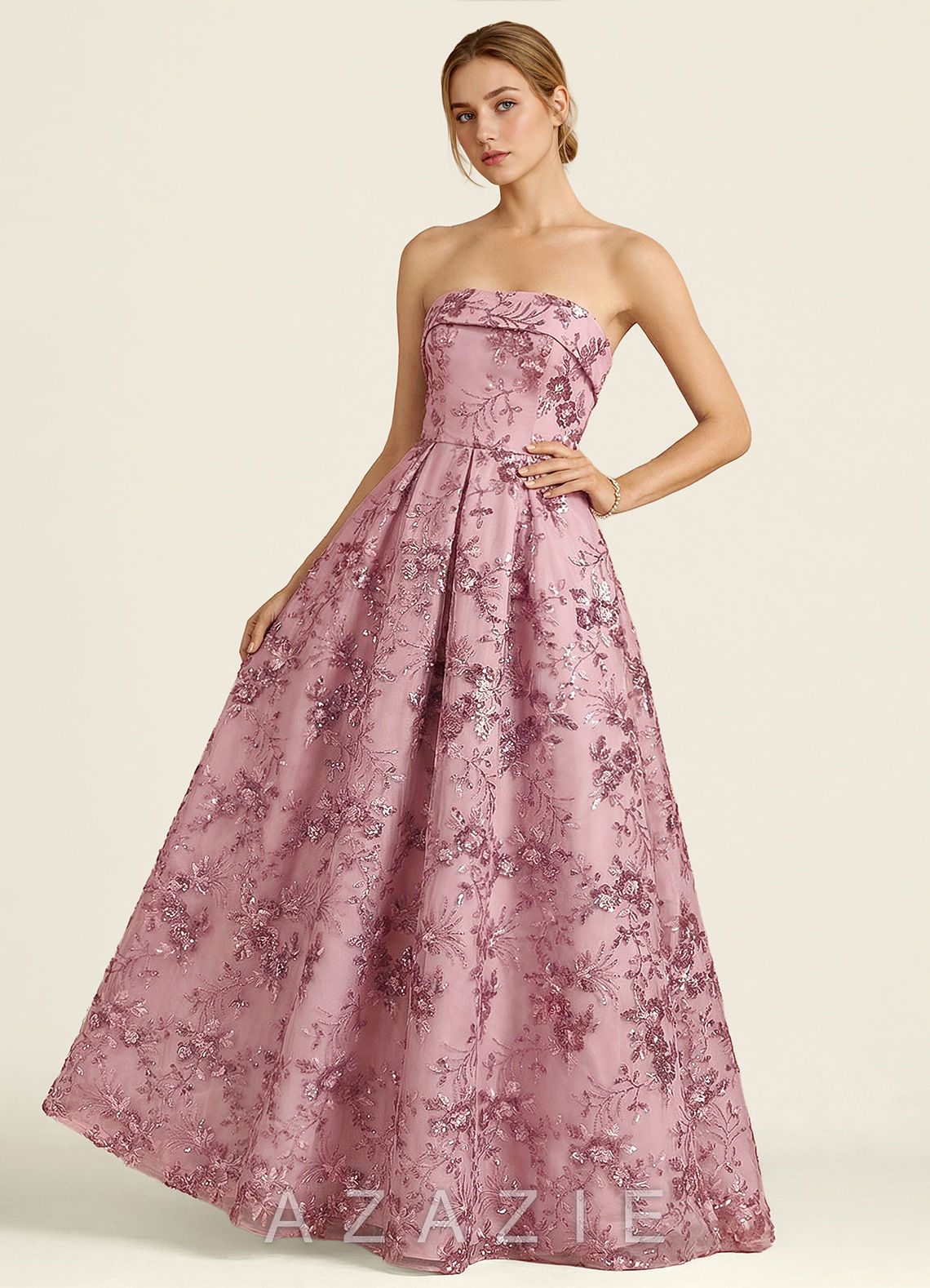 Iriseam Pink Sequin Embroidery Prom Dress