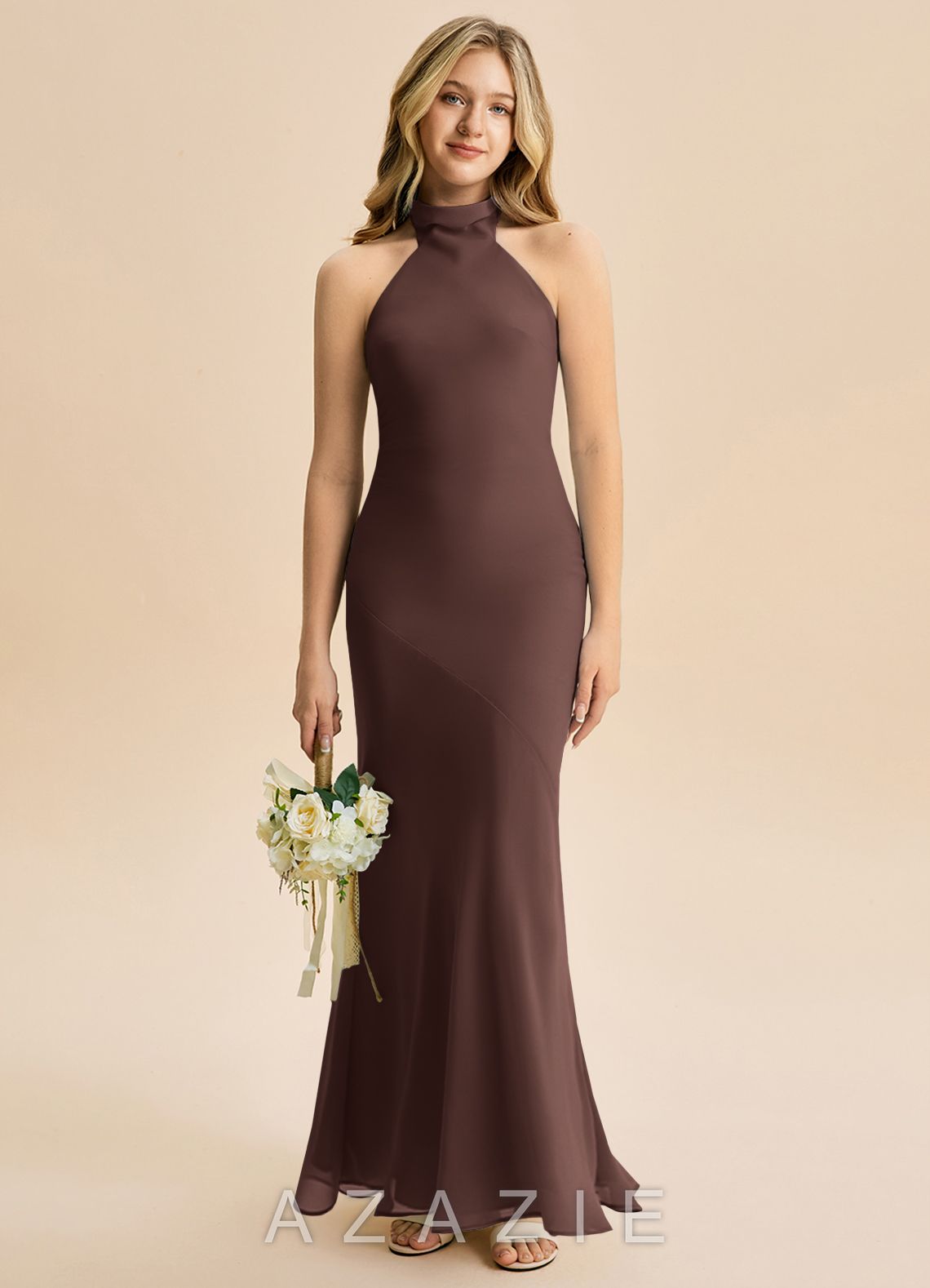 Azazie Velli Junior Ganache Mermaid High Neck Chiffon Dress