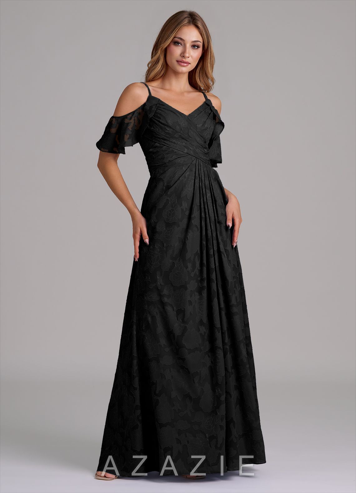 Azazie Dakota Black A-Line Off the Shoulder Floral Burnout Dress