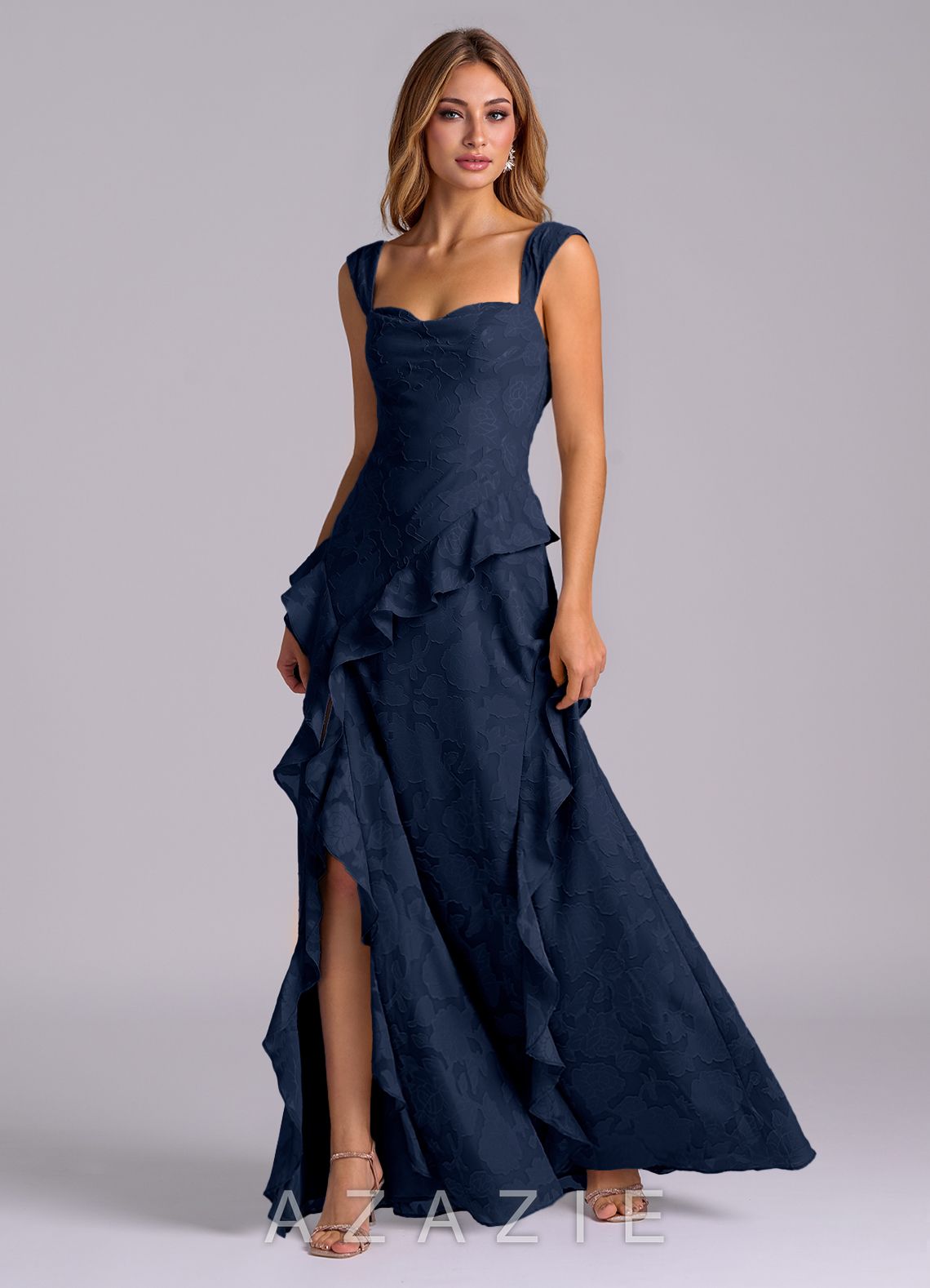 Azazie Sloane Dark Navy A-Line Sweetheart Neckline Floral Burnout Dress dark_navy