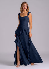 Azazie Sloane Dark Navy A-Line Sweetheart Neckline Floral Burnout Dress dark_navy