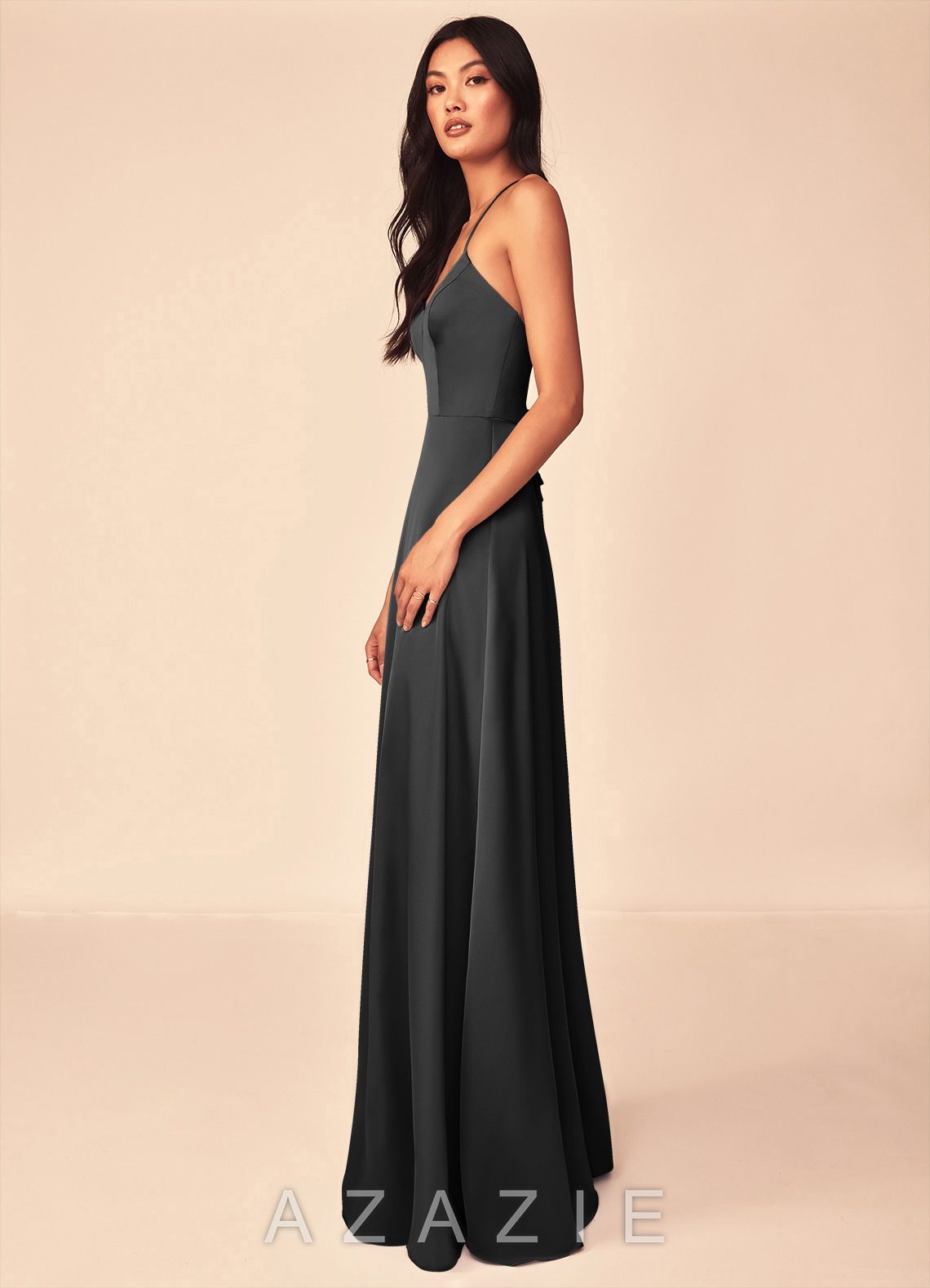 Azazie Mei Black A-Line V-Neck Stretch Satin Dress black