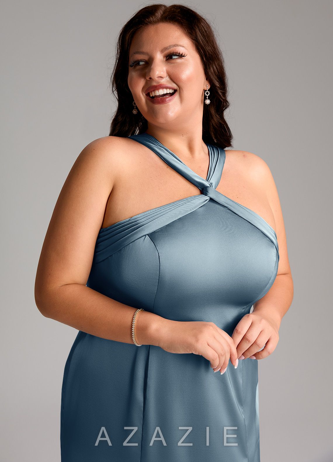 Azazie Rue Dusty Blue Mermaid Pleated Stretch Satin Dress dusty_blue