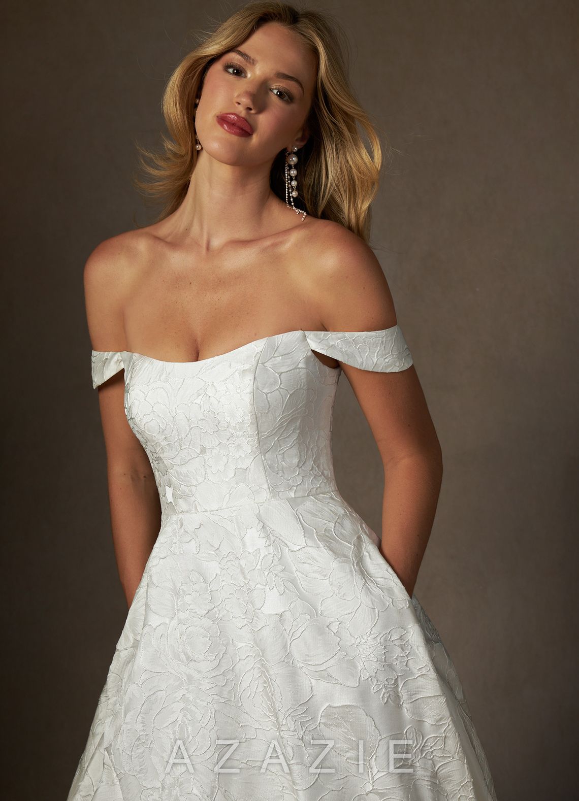 Azazie Amaya Antique White Ball-Gown Strapless Floral Jacquard Dress antique_white