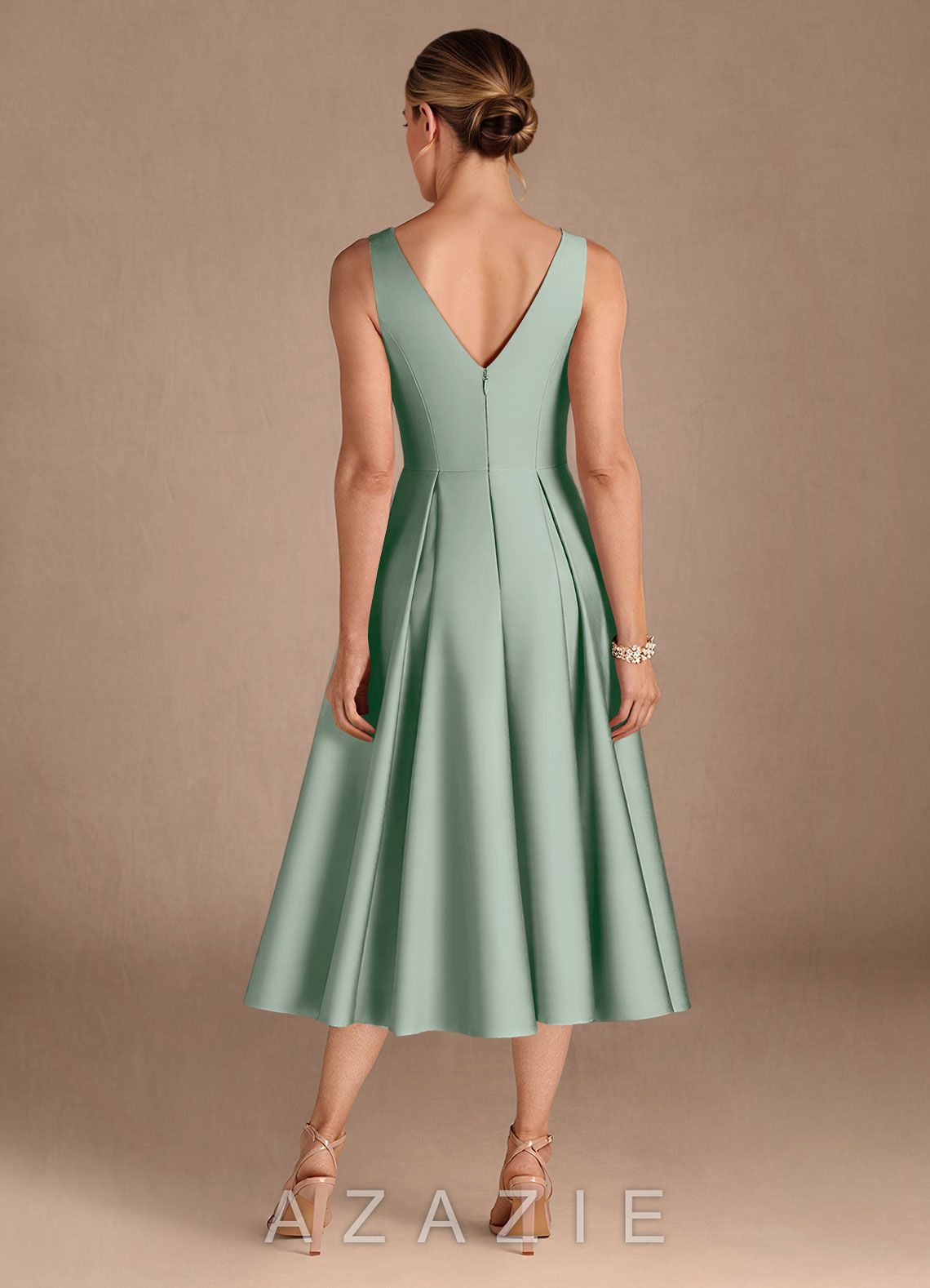 Azazie Fulton Agave A-Line Pleated Stretch Satin Dress agave