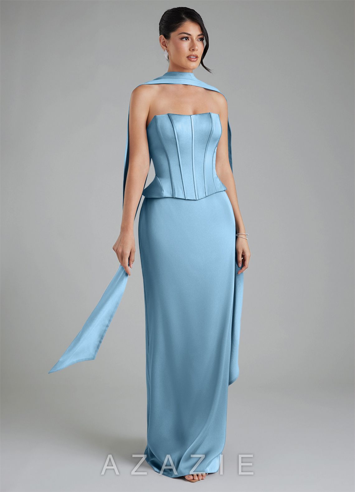 Azazie River Steel Blue Sheath Corset Stretch Satin Convertible Dress steel_blue