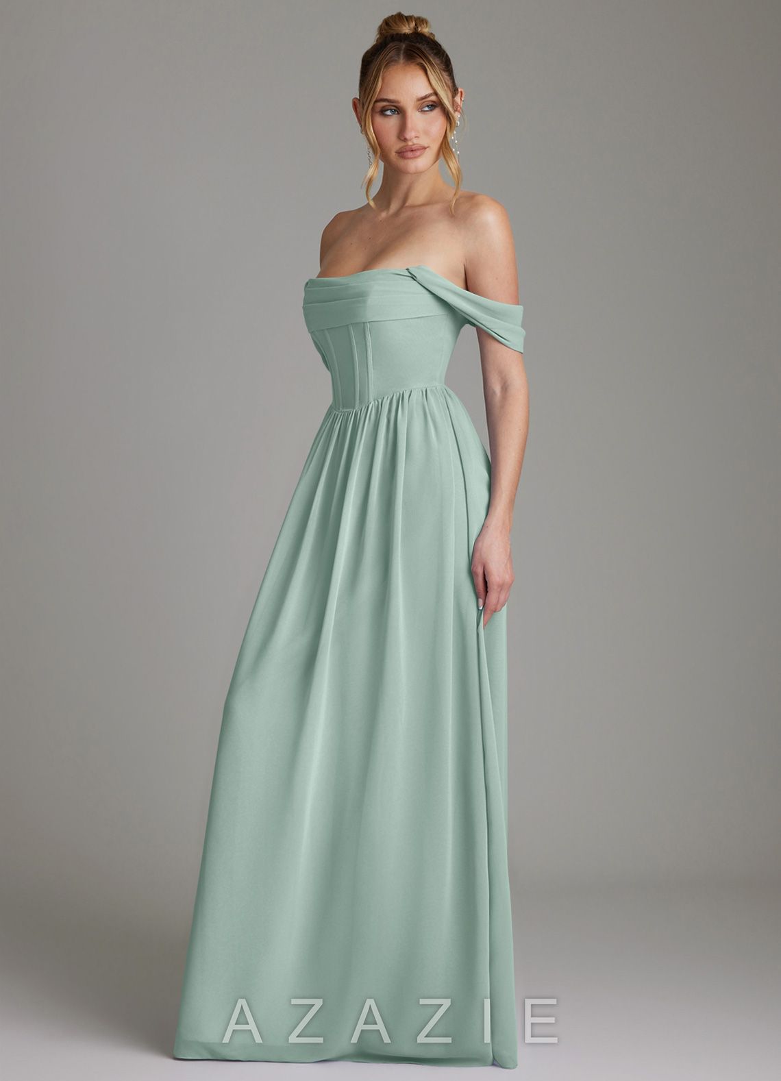Azazie Caterina Agave A-Line Corset Chiffon Dress agave
