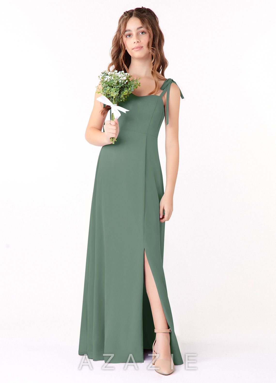 Azazie Rosey Junior Eucalyptus A-Line Sweetheart Neckline Chiffon Dress eucalyptus