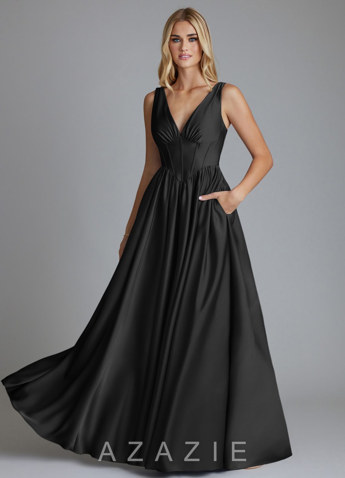 Azazie Delmie Black A-Line Corset Stretch Satin Dress black
