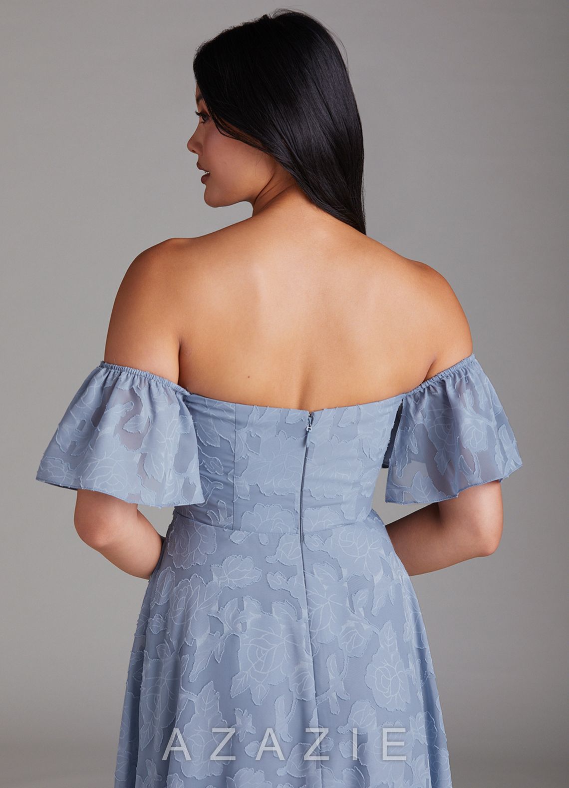 Azazie Sue Dusty Blue A-Line Off the Shoulder Floral Burnout Convertible Dress dusty_blue