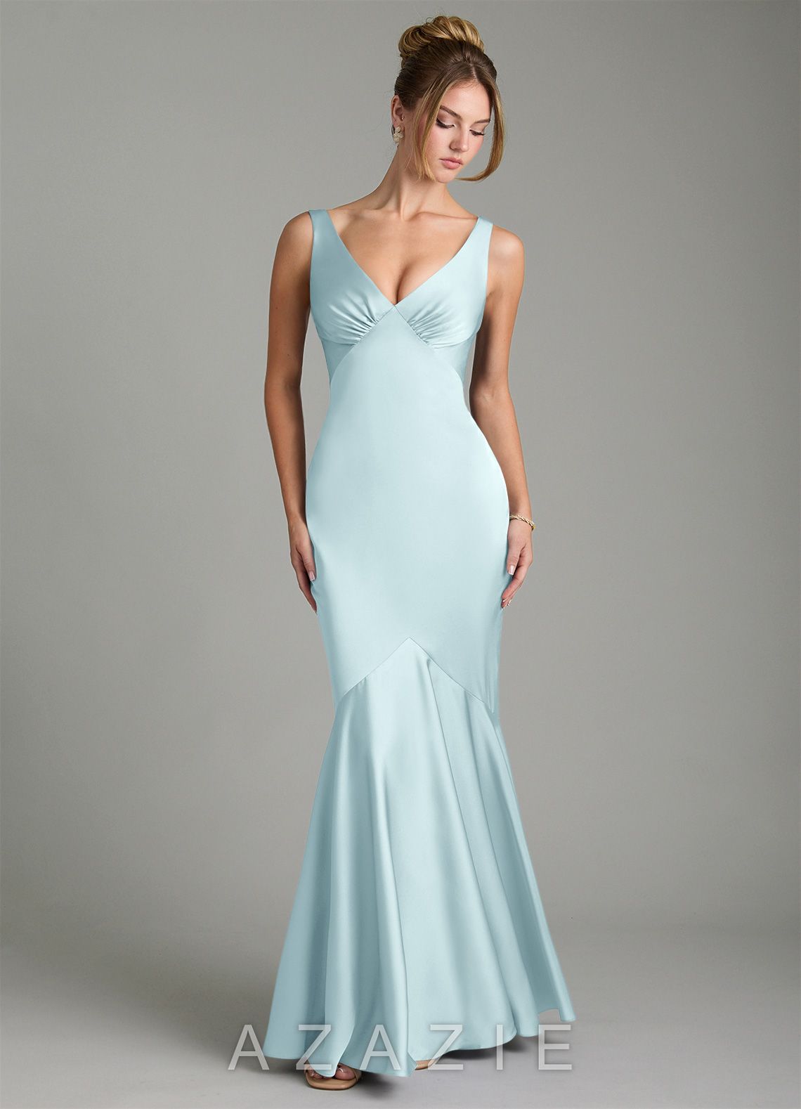 Azazie Alena Cloud Blue Mermaid Pleated Stretch Satin Dress cloud_blue