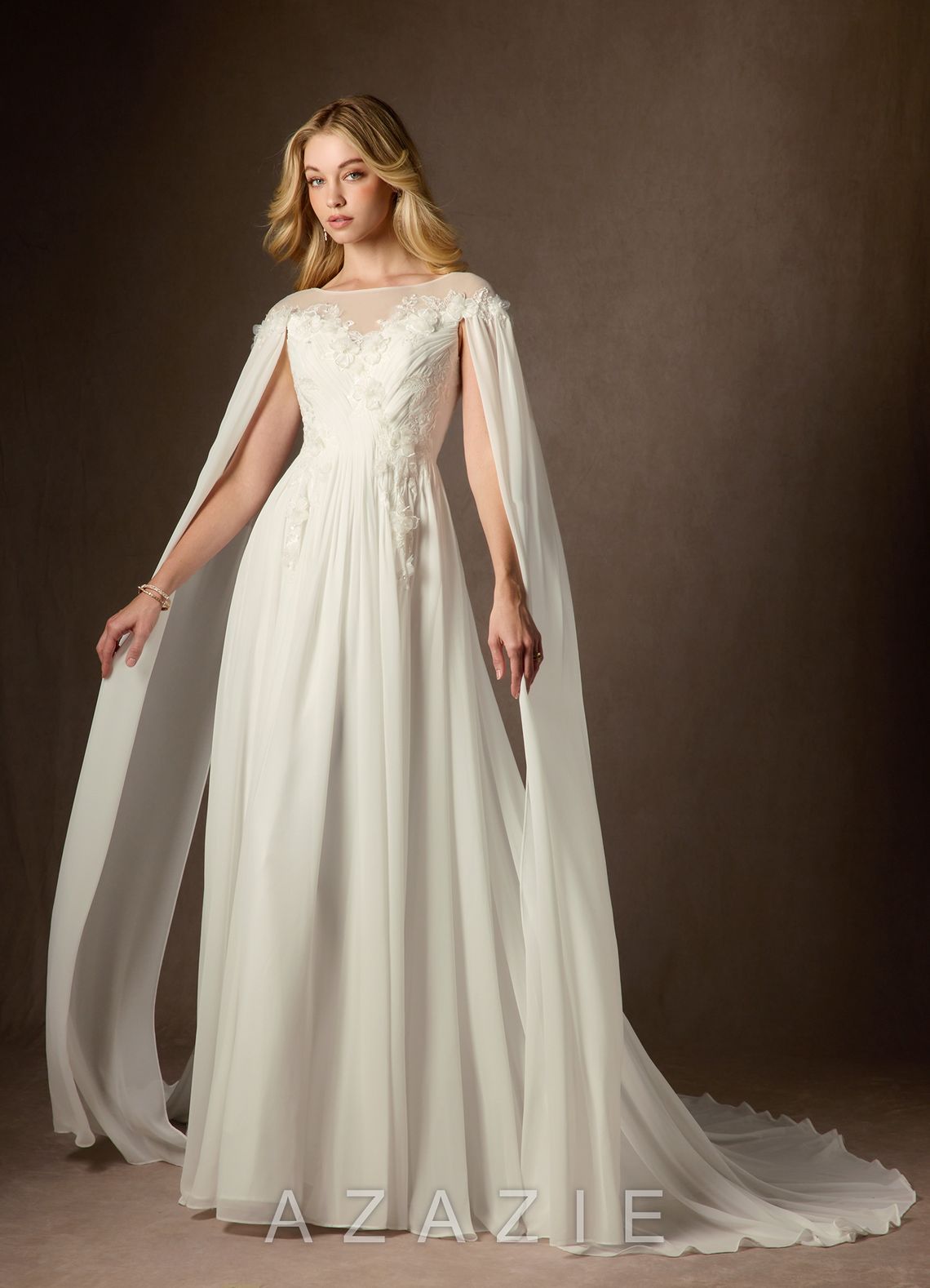 Azazie Linnea Wedding Dress Cream A-Line Scoop Chiffon Dress cream