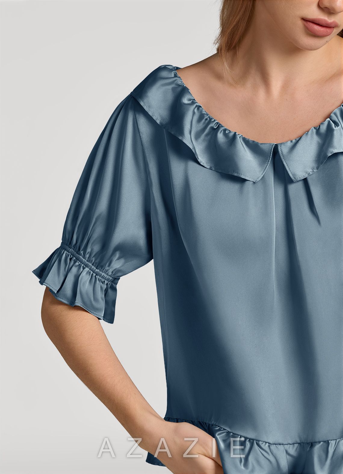 Ruffled Short Sleeve Satin Pajama Set  dusty_blue
